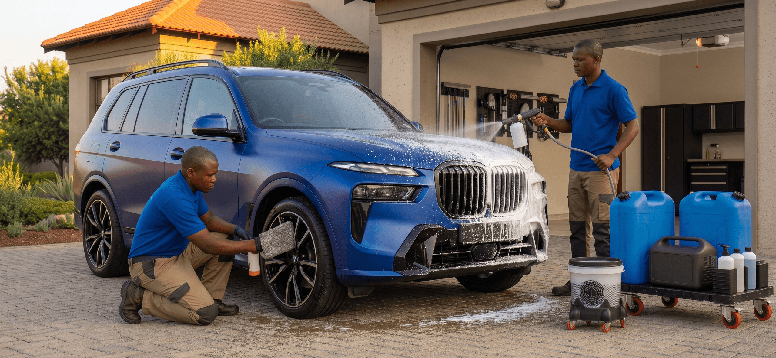 Kara Wash team hand-washing a blue SUV in a home driveway